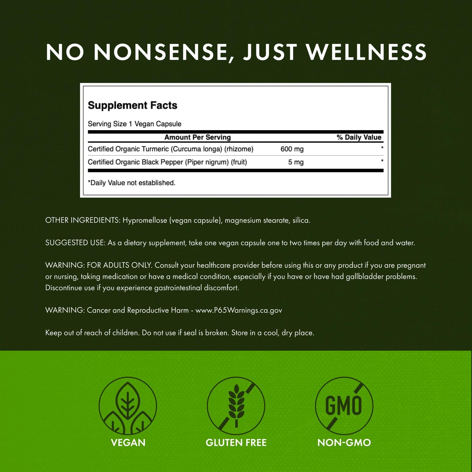 Swanson bottle ingredients label highlights organic vegan non-GMO features