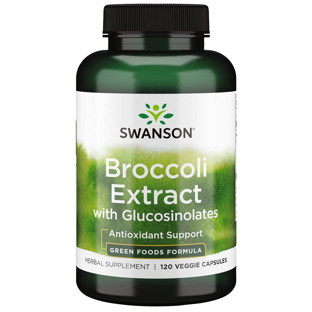 Swanson broccoli supplement bottle shows concentrated glucosinolates for antioxidant support.
