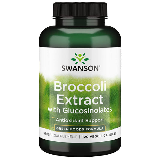 Swanson broccoli supplement bottle shows concentrated glucosinolates for antioxidant support.