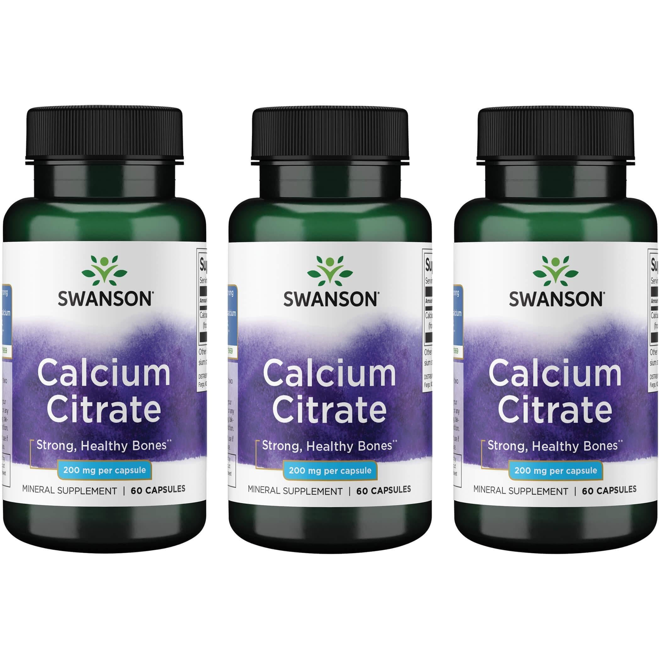 Swanson Calcium Citrate 200 mg 60 Caps bottle highlighting highly absorbable calcium for bone support.
