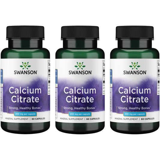 Swanson Calcium Citrate 200 mg 60 Caps bottle highlighting highly absorbable calcium for bone support.