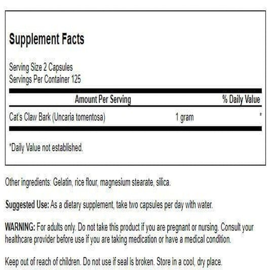 Swanson Cat's Claw capsules closeup for daily antioxidant support.