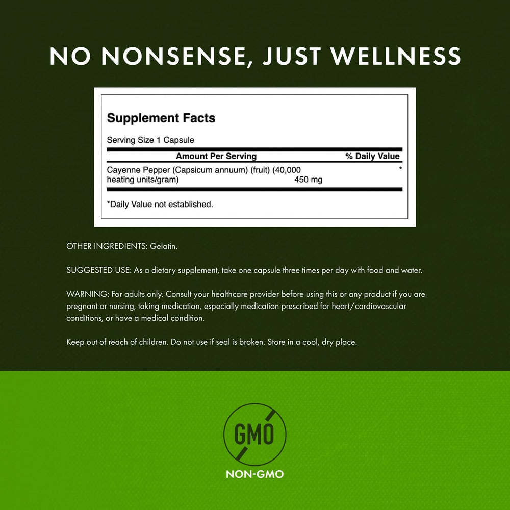 Swanson Cayenne capsules dosage guide image helps plan three daily servings with meals.