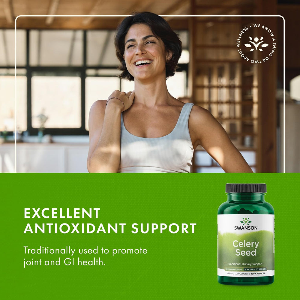 Ingredients panel of Swanson Celery Seed Maximum Strength showcases phytonutrients and minerals.