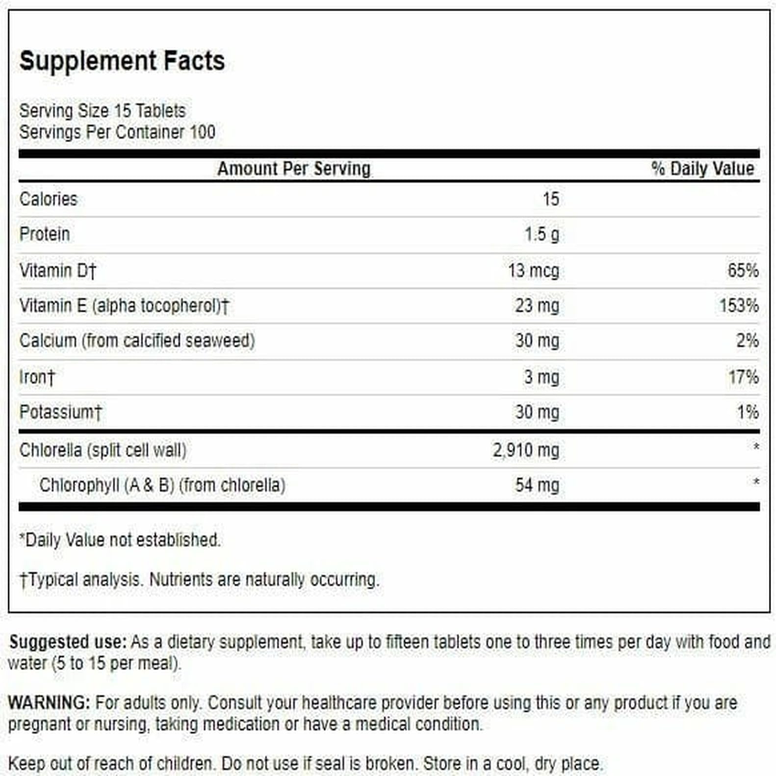Swanson Chlorella 194 mg label close-up highlights nutrient content for daily vitality.