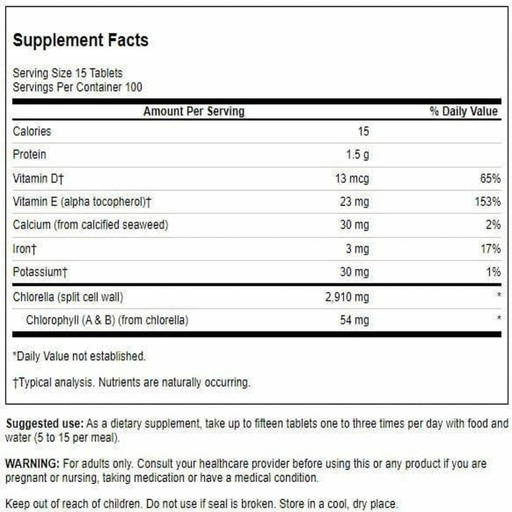 Swanson Chlorella 194 mg label close-up highlights nutrient content for daily vitality.