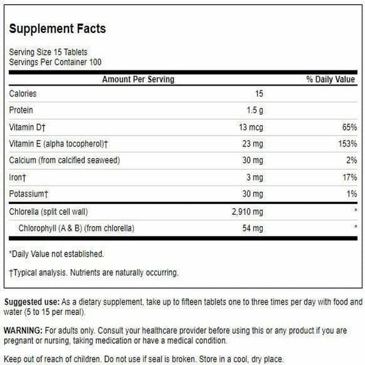Swanson Chlorella 194 mg label close-up highlights nutrient content for daily vitality.