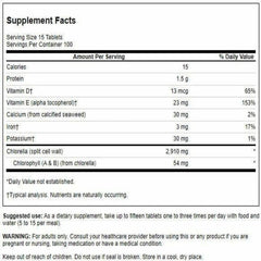 Swanson Chlorella 194 mg label close-up highlights nutrient content for daily vitality.