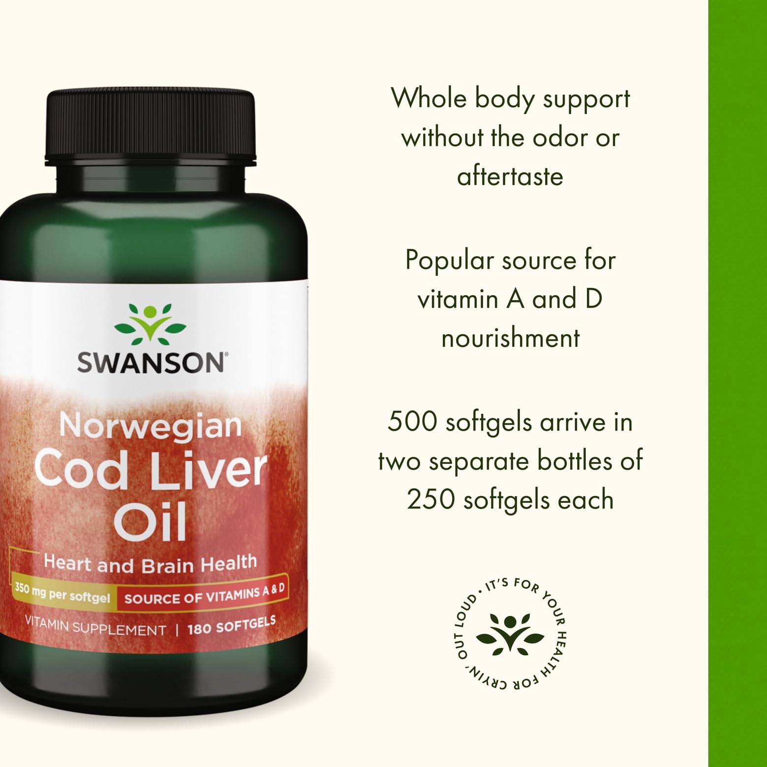 Ingredients and purity panel of Swanson cod liver oil for transparency.