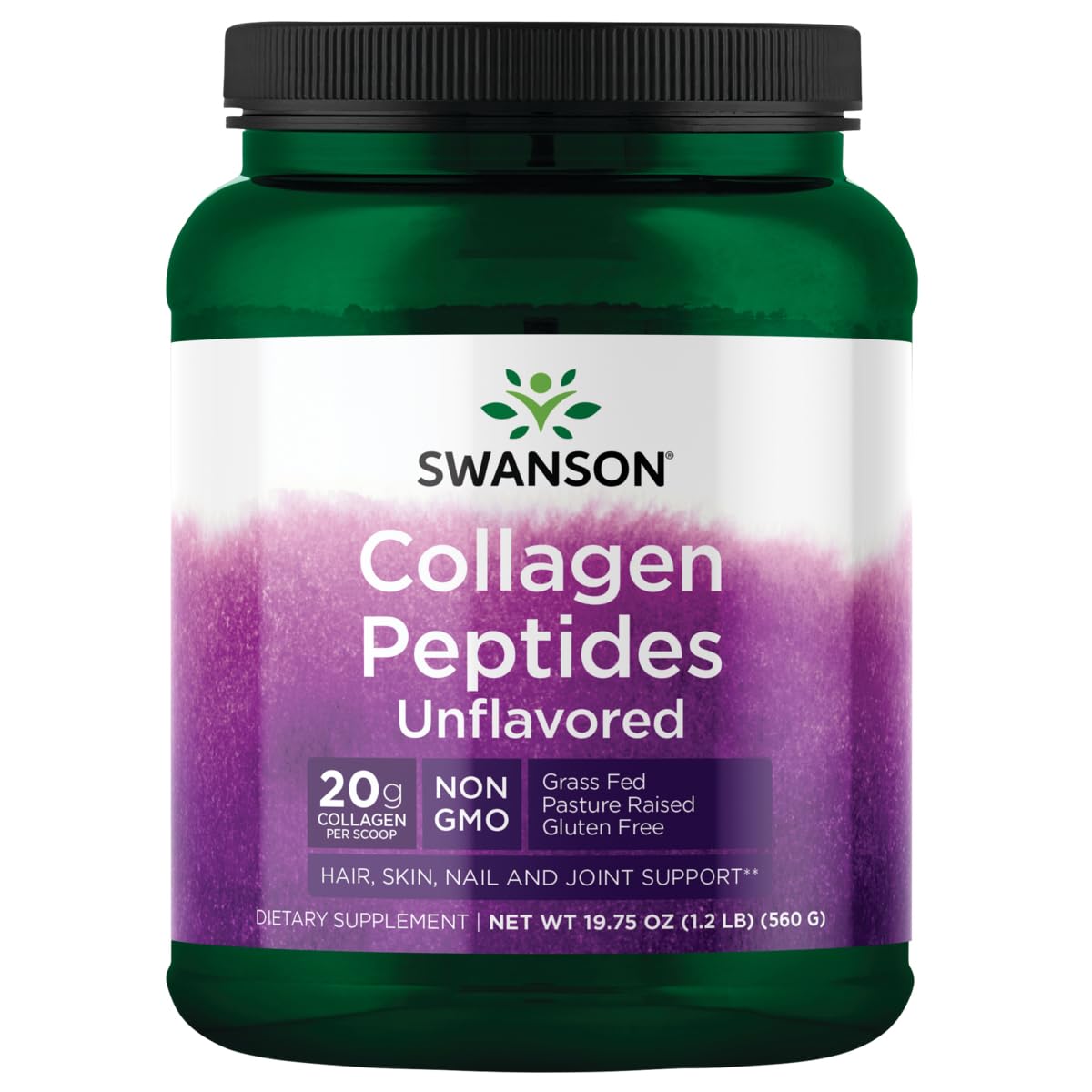 Swanson Collagen Peptides unflavored bottle close-up for daily hair, skin, and joints support.