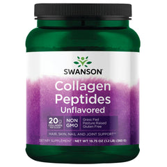 Swanson Collagen Peptides unflavored bottle close-up for daily hair, skin, and joints support.