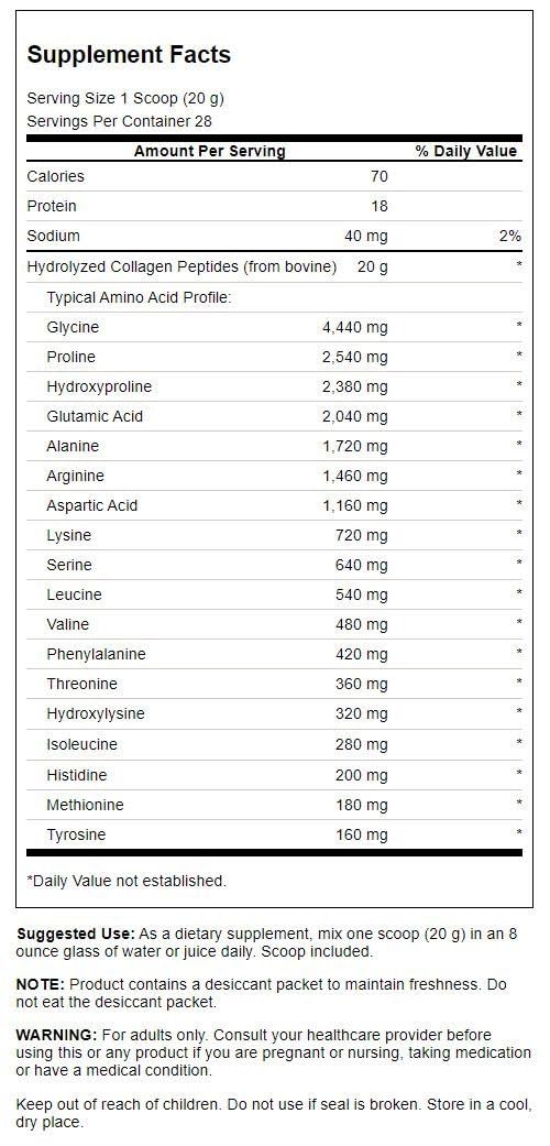 Swanson Collagen Peptides unflavored powder-dispense close-up for versatile mixing and gluten-free use.