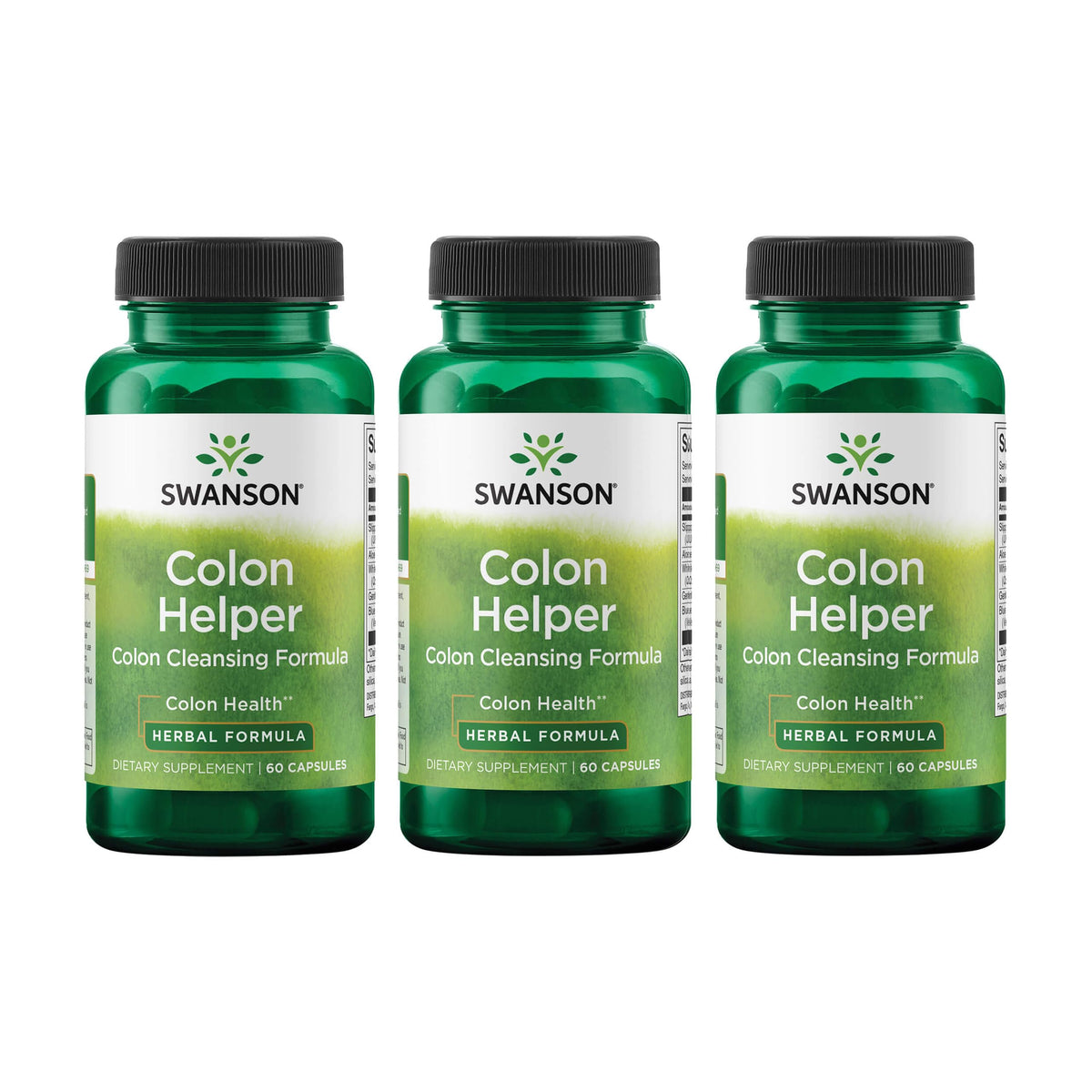 Swanson Colon Helper bottle front displaying label and capsules for digestive support.