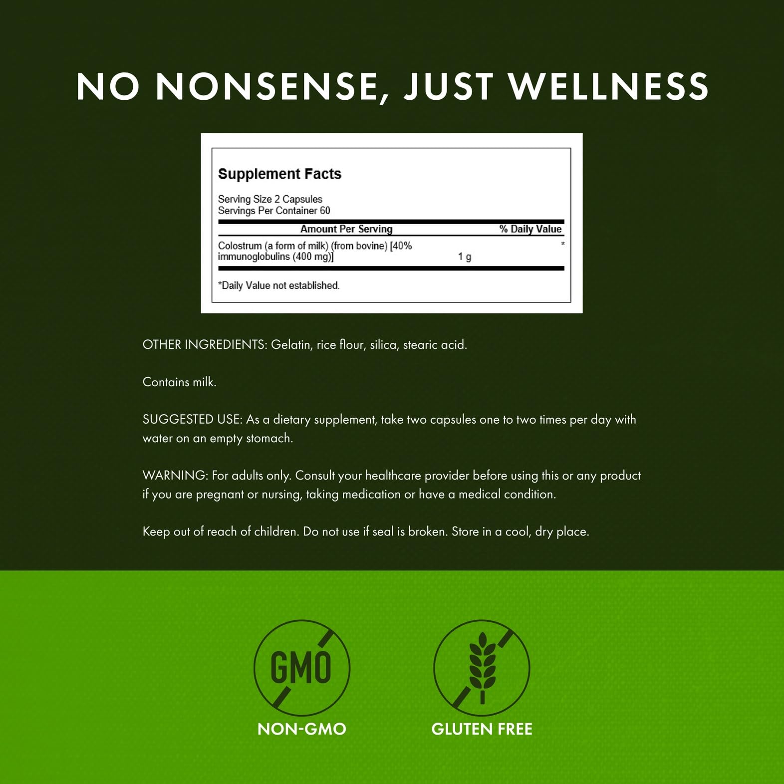 Swanson Colostrum label highlights 40% immunoglobulin content.