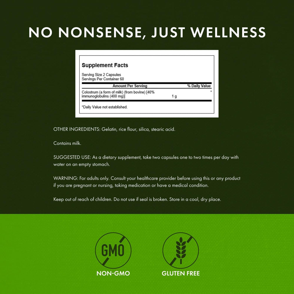 Swanson Colostrum label highlights 40% immunoglobulin content.