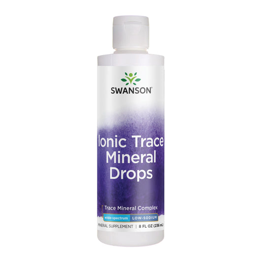 Swanson Concentrace trace mineral drops bottle highlighting mineral-rich hydration support.