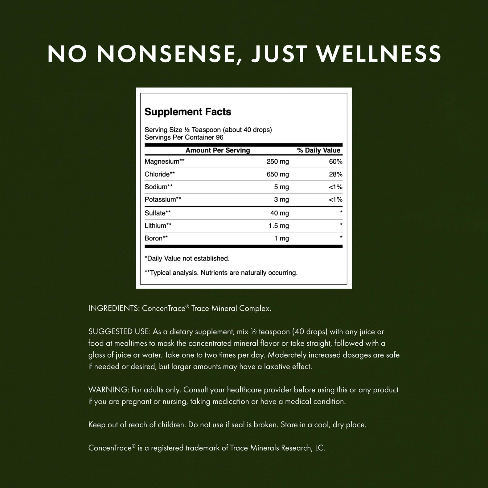 Swanson Concentrace bottle label showing magnesium and potassium minerals.