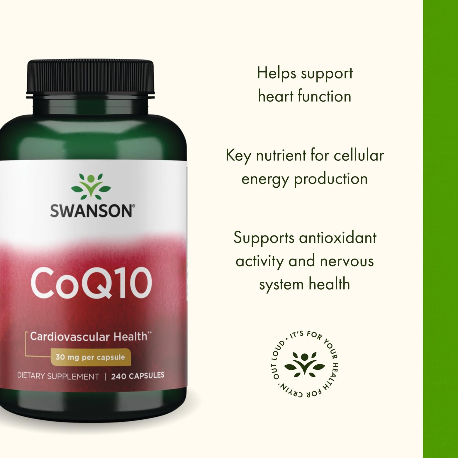 Swanson CoQ10 bottle with water illustrates simple daily intake.