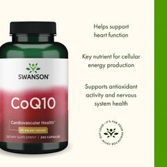 Swanson CoQ10 bottle with water illustrates simple daily intake.