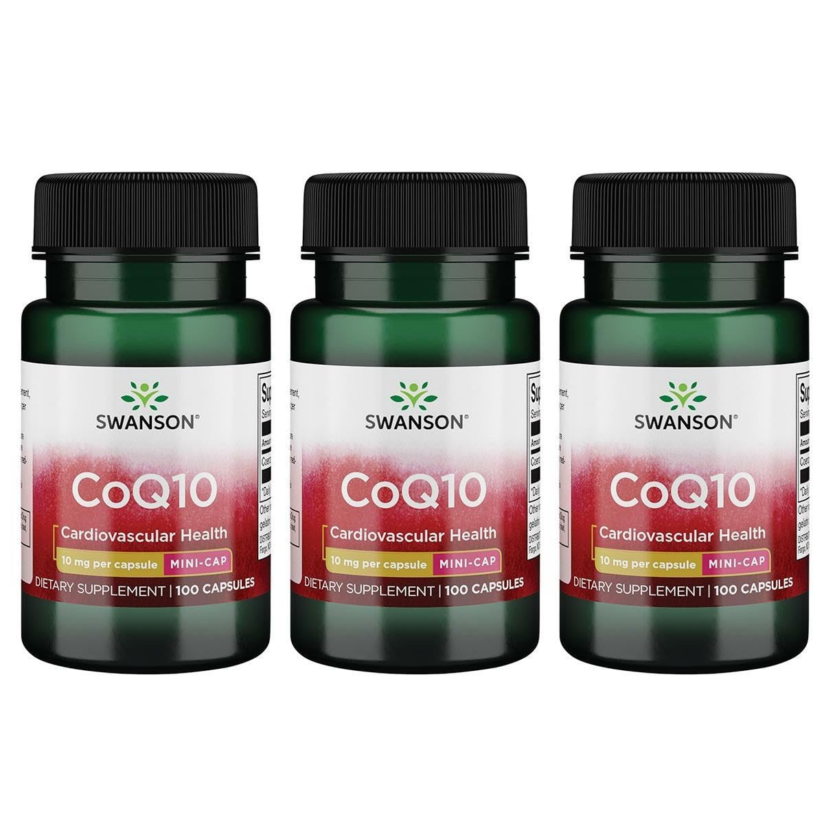 Swanson CoQ10 Mini Cap 10 mg bottle with easy-to-swallow capsules for daily support.