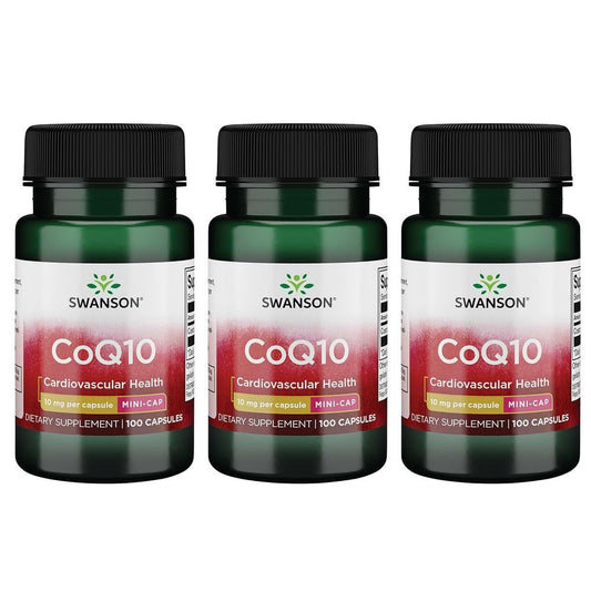 Swanson CoQ10 Mini Cap 10 mg bottle with easy-to-swallow capsules for daily support.