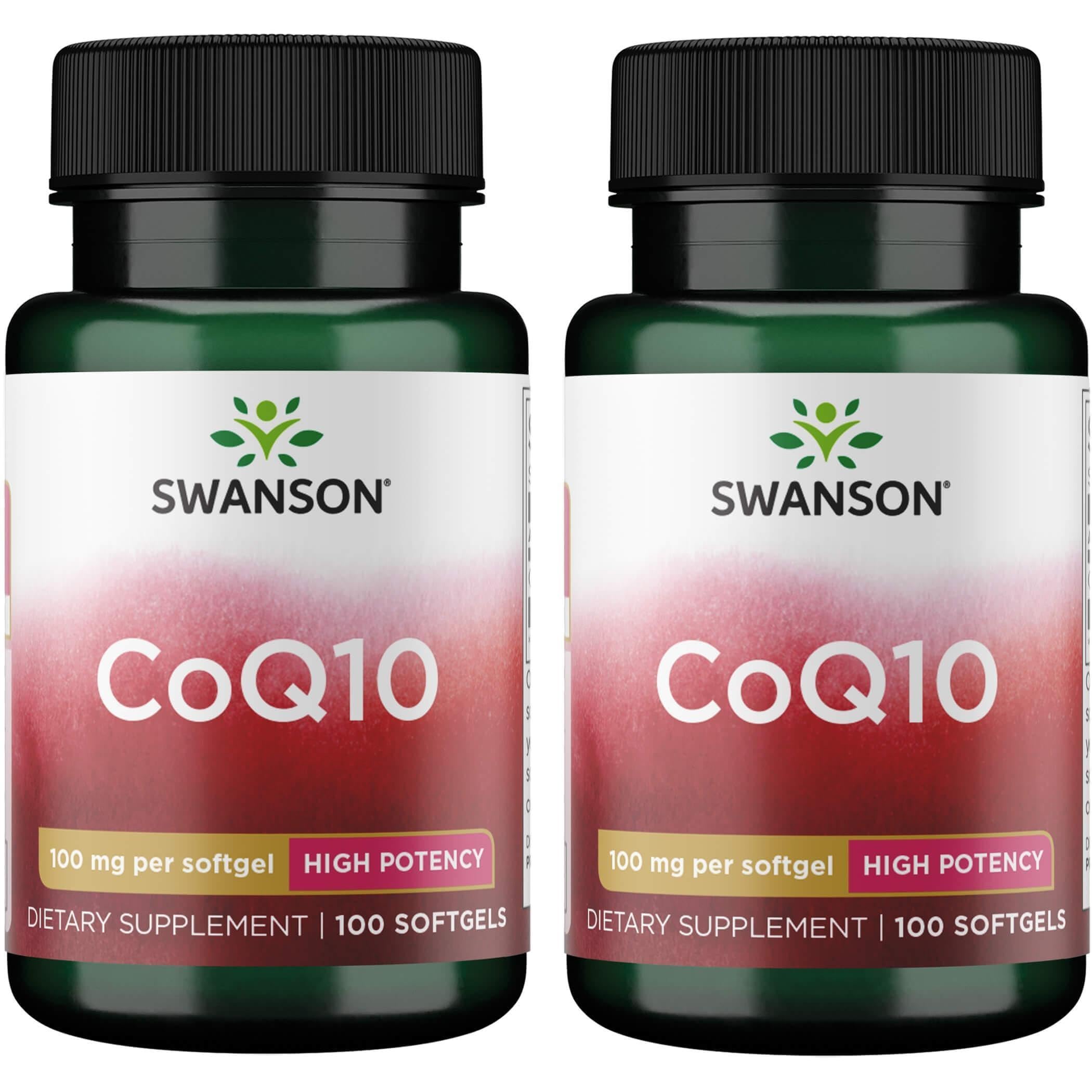 Swanson CoQ10 softgel bottle pouring, convenient daily energy support.