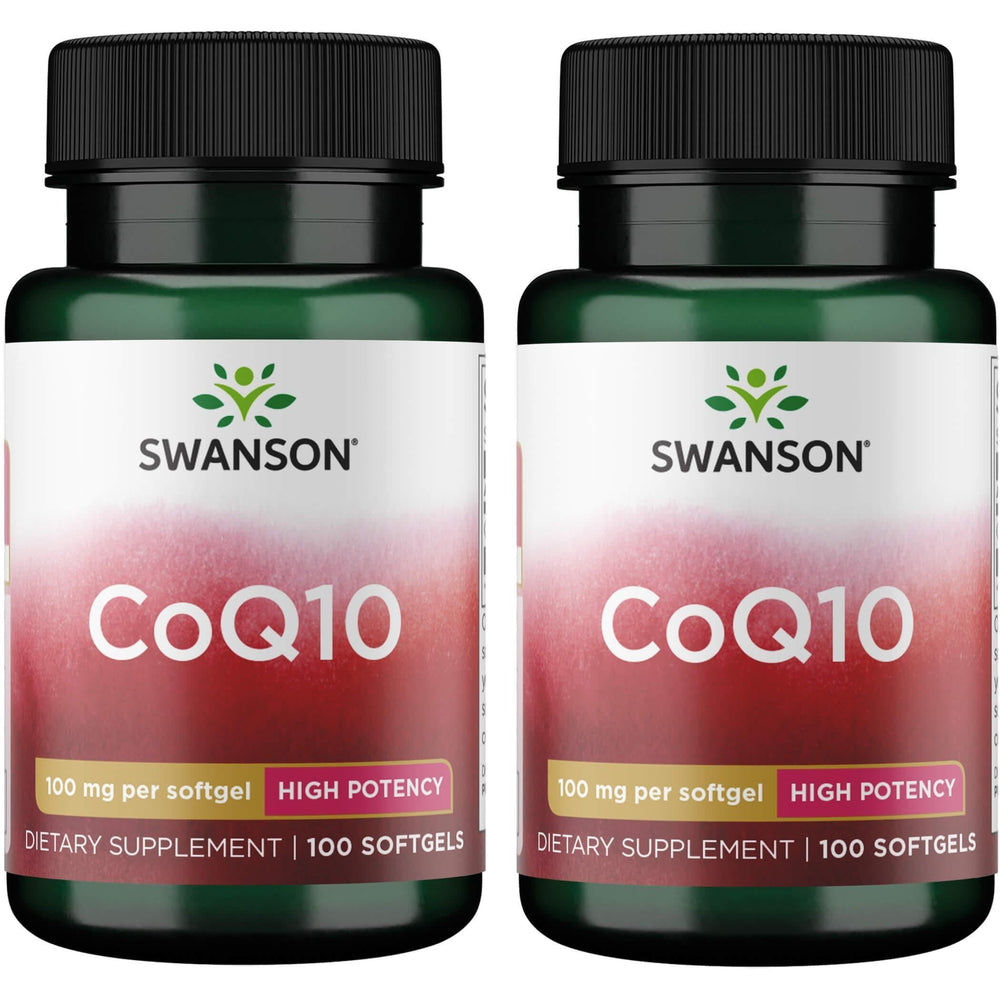 Swanson CoQ10 softgel bottle pouring, convenient daily energy support.