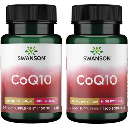 Swanson CoQ10 softgel bottle pouring, convenient daily energy support.