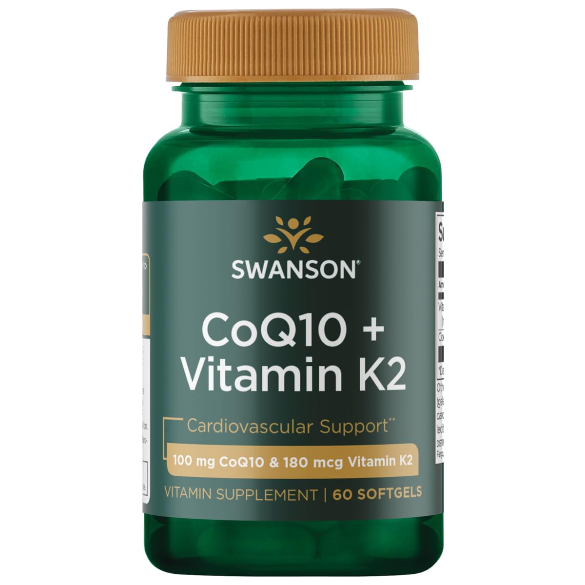Swanson CoQ10 + Vitamin K2 60 Sgels bottle showing packaging for arterial support