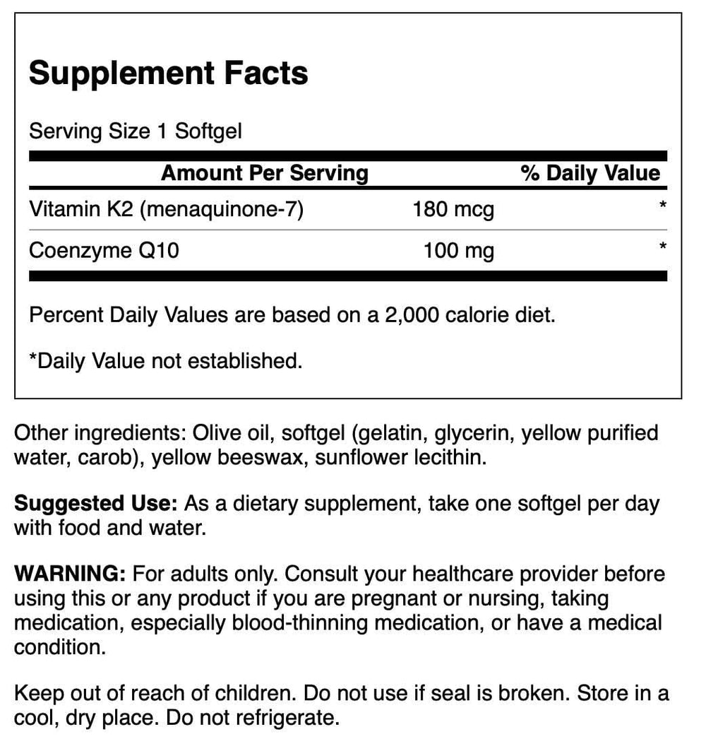 Swanson CoQ10 + Vitamin K2 60 Sgels capsules closeup for heart health support