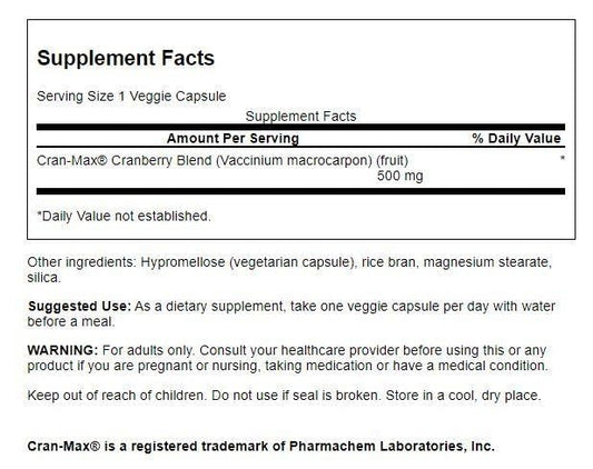 Swanson Cran-Max capsules close-up highlighting vegetarian formula for daily urinary support
