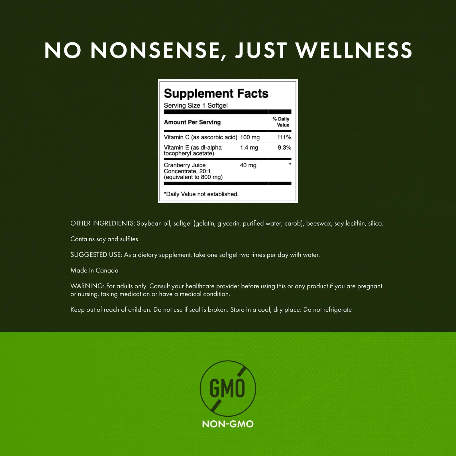 Close-up of Swanson Cranberry label showing vitamin C and E antioxidants