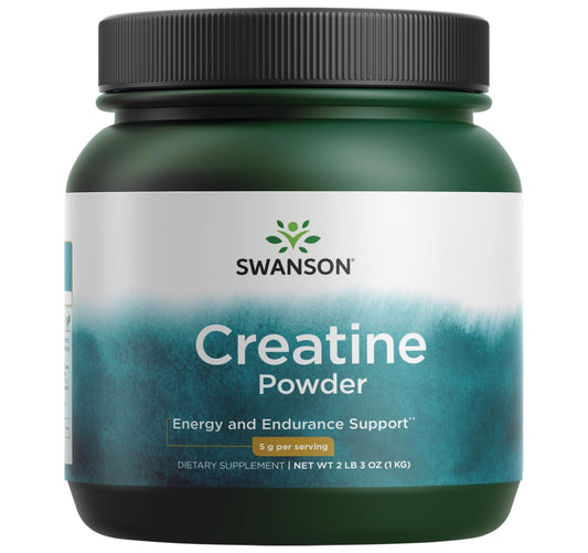Swanson Creatine Monohydrate Powder bottle shows a 1kg container for regular workouts
