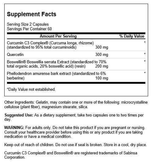 Swanson Curcumin C3 Complex with Boswellia and Quercetin label close-up highlighting standardized extracts and GMP testing.