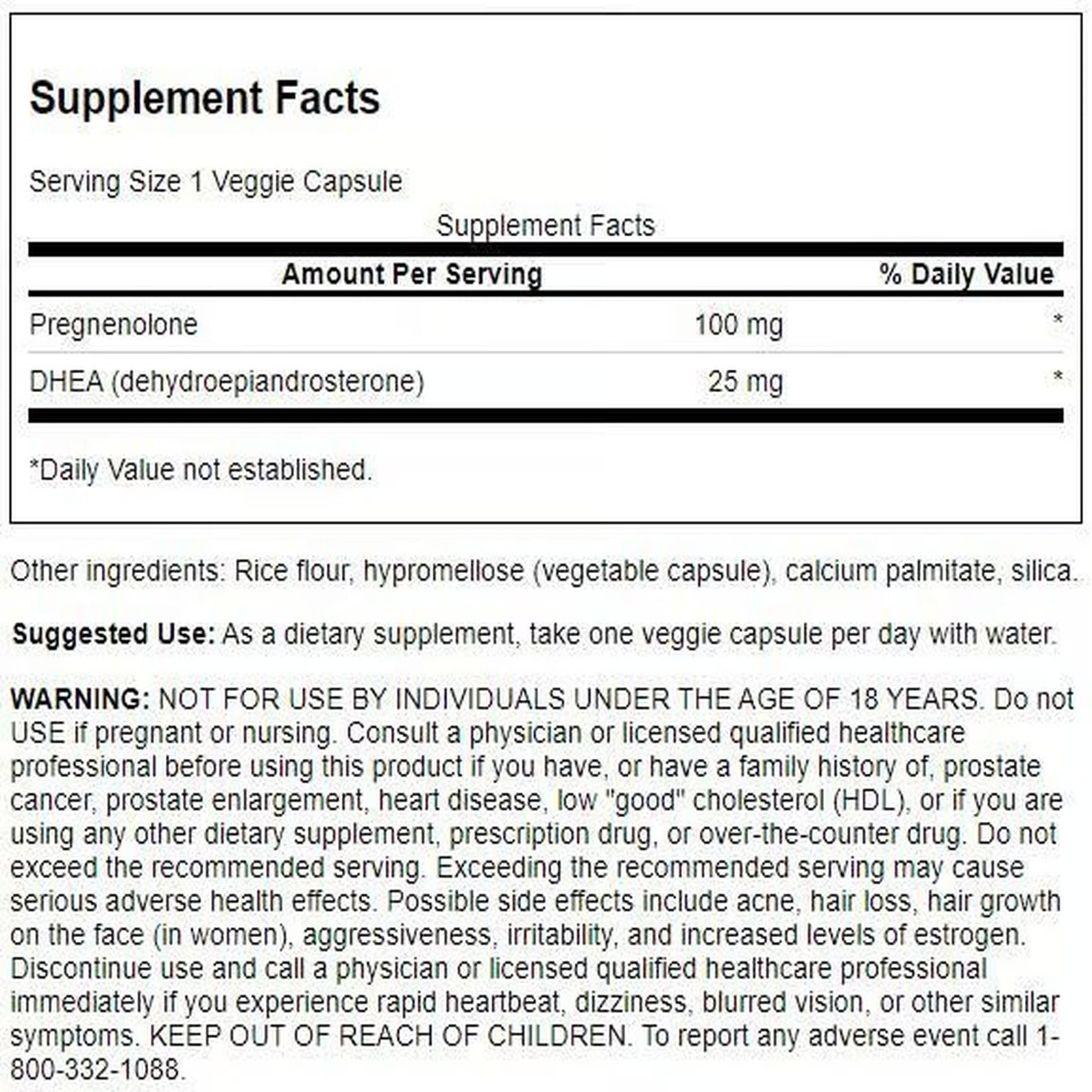 Close-up of Swanson DHEA & Pregnenolone Complex capsules highlighting vegetarian formula.