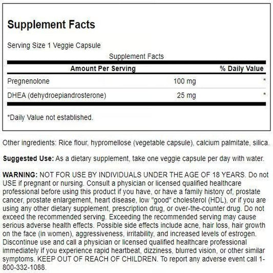 Close-up of Swanson DHEA & Pregnenolone Complex capsules highlighting vegetarian formula.