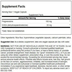 Close-up of Swanson DHEA & Pregnenolone Complex capsules highlighting vegetarian formula.
