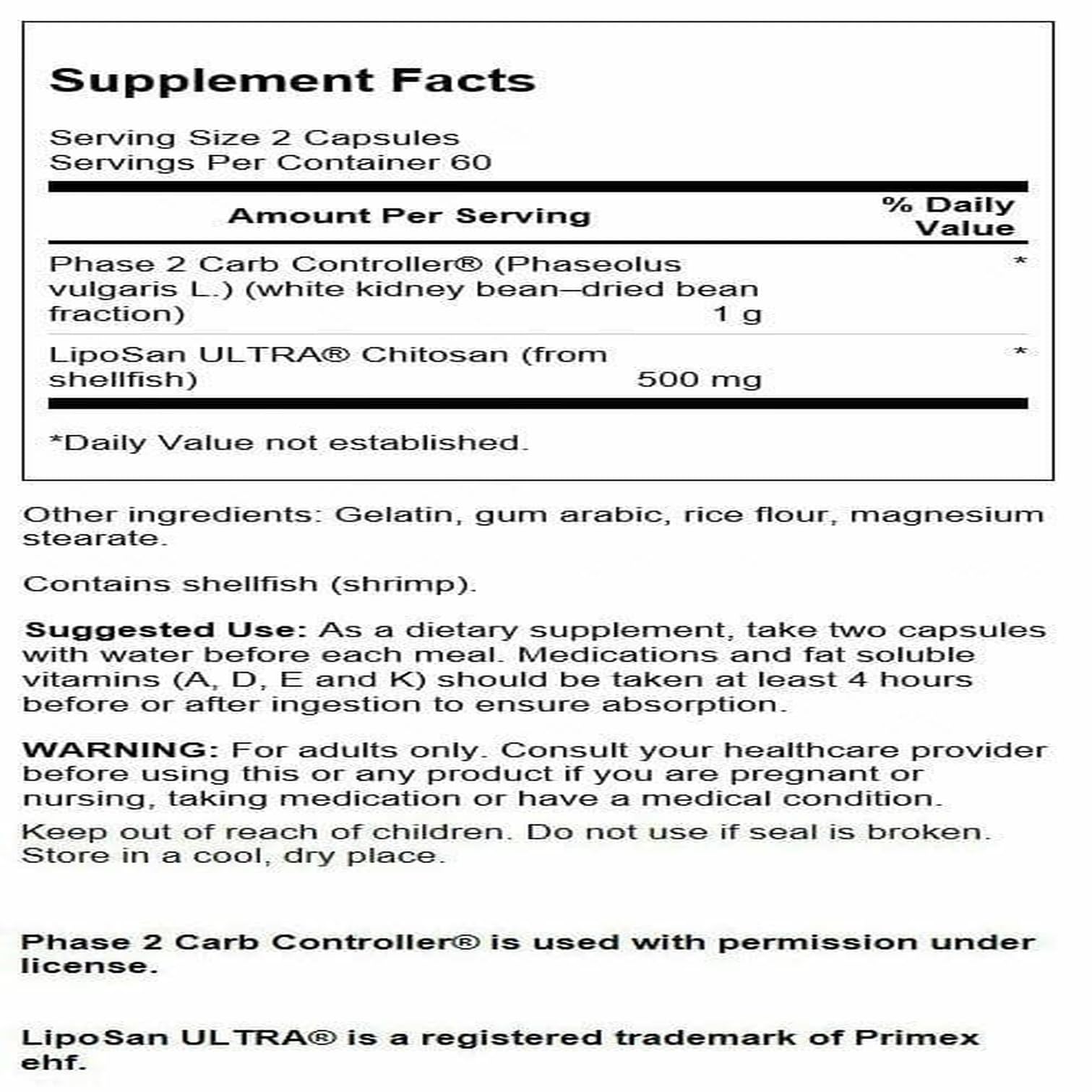 Swanson Diet Duo chitosan Phase 2 starch blocker capsules helps manage carb absorption.