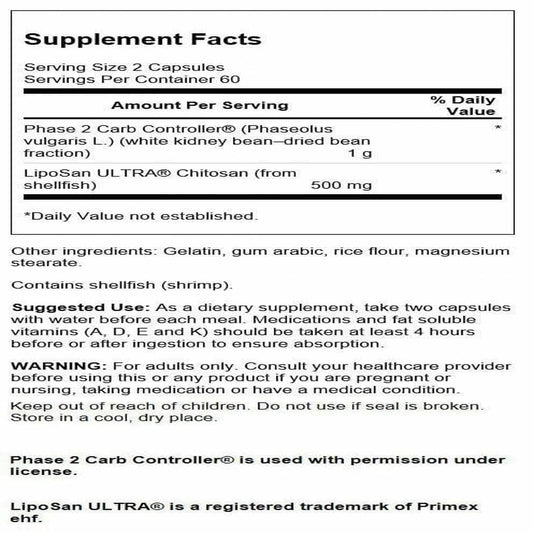 Swanson Diet Duo chitosan Phase 2 starch blocker capsules helps manage carb absorption.