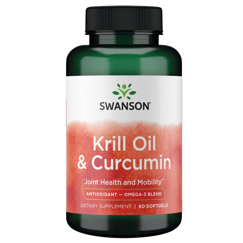 Swanson EFA Krill Oil & Curcumin bottle close-up, highlighting joint and skin support.