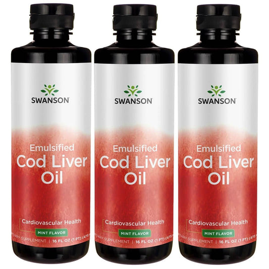 Swanson emulsified cod liver oil mint flavor bottle pour supports easy digestion and daily wellness.