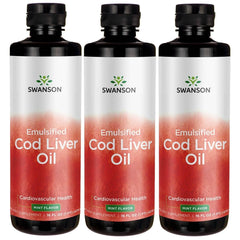 Swanson emulsified cod liver oil mint flavor bottle pour supports easy digestion and daily wellness.