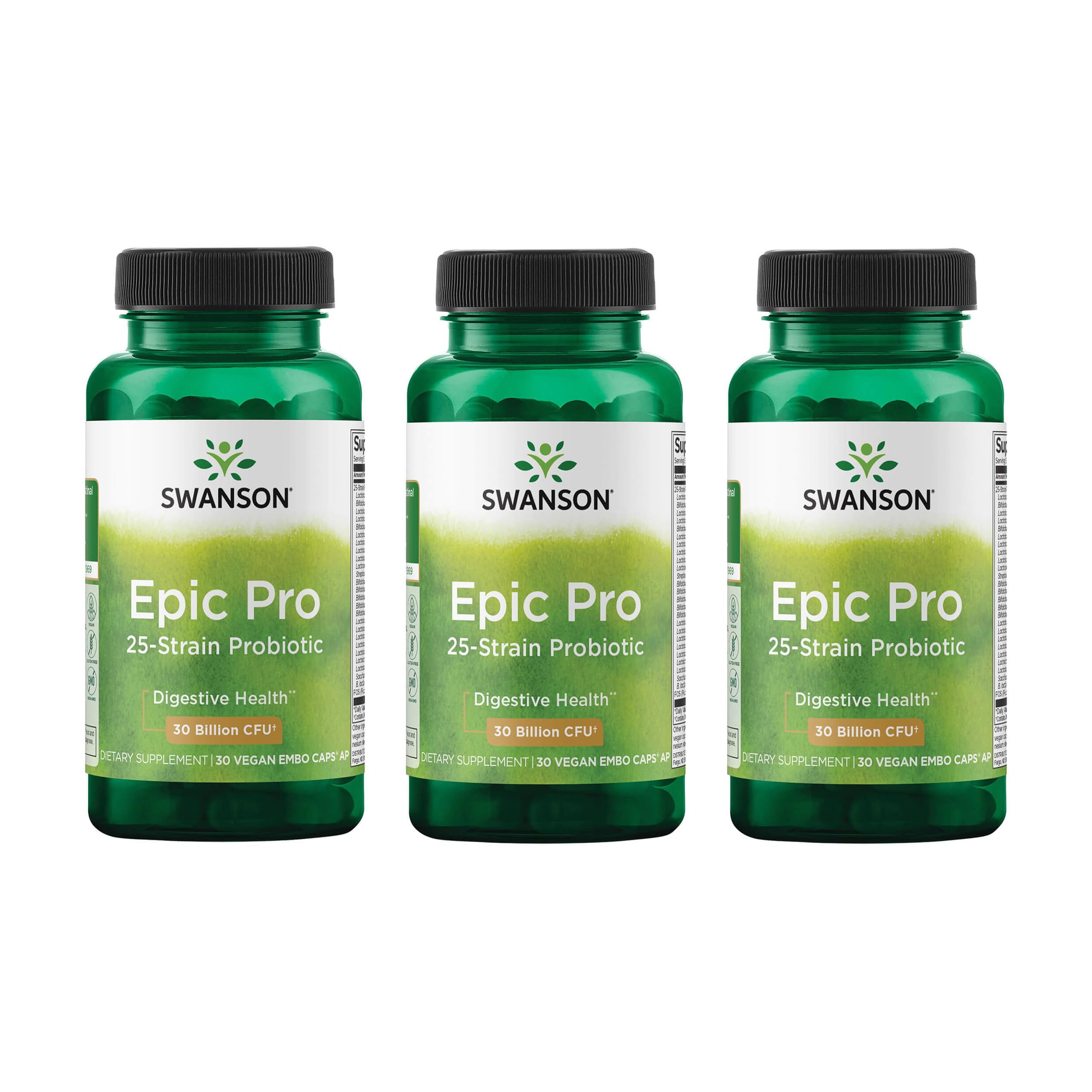 Swanson Epic-Pro bottle front view showing 30B CFU for digestive balance.