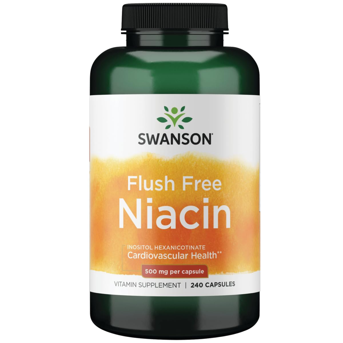 Swanson Flush Free Niacin 500 mg bottle on desk, promoting cardiovascular health and no flushing.