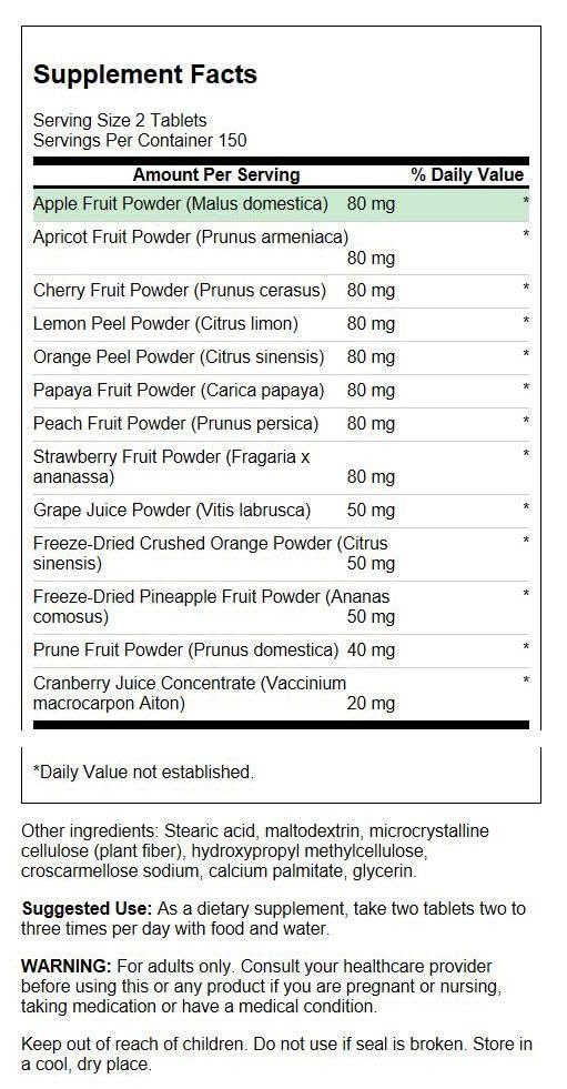Close-up of Swanson Fruit4Life tablets highlighting vibrant fruit mix and fiber source.