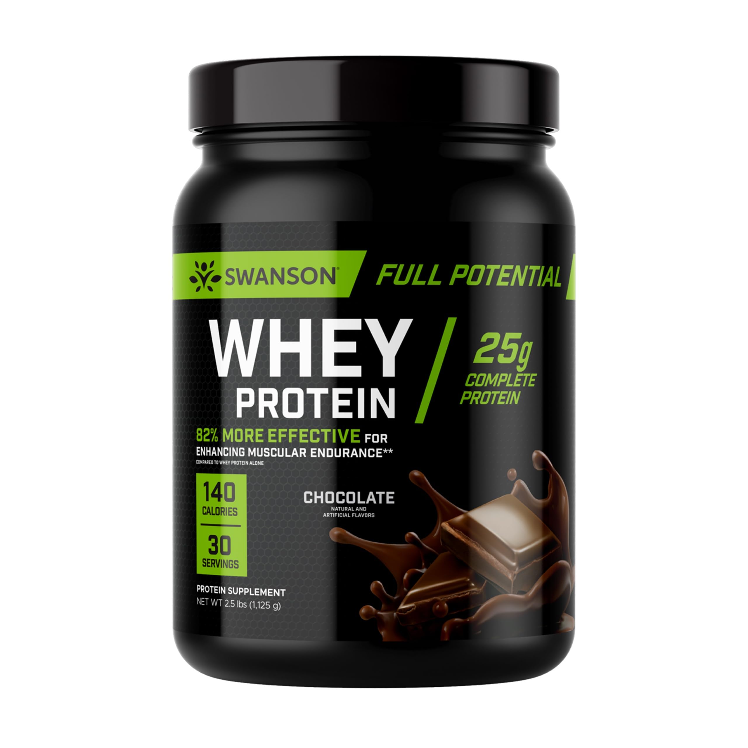 Swanson Full Potential Whey Chocolate bottle front, ideal for post-workout recovery.