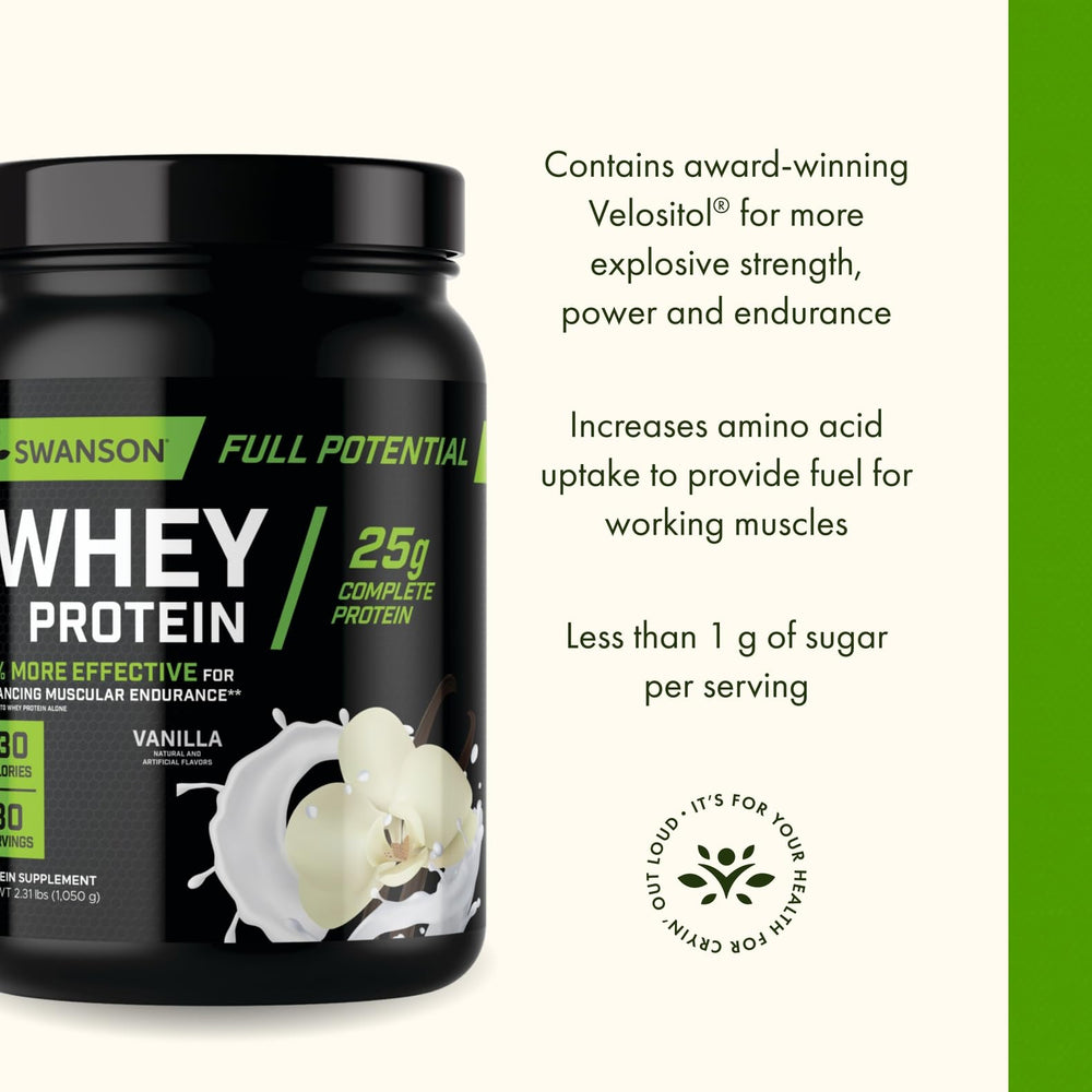 Swanson Full Potential Whey Protein Vanilla label highlights Velositol for improved amino acid uptake.