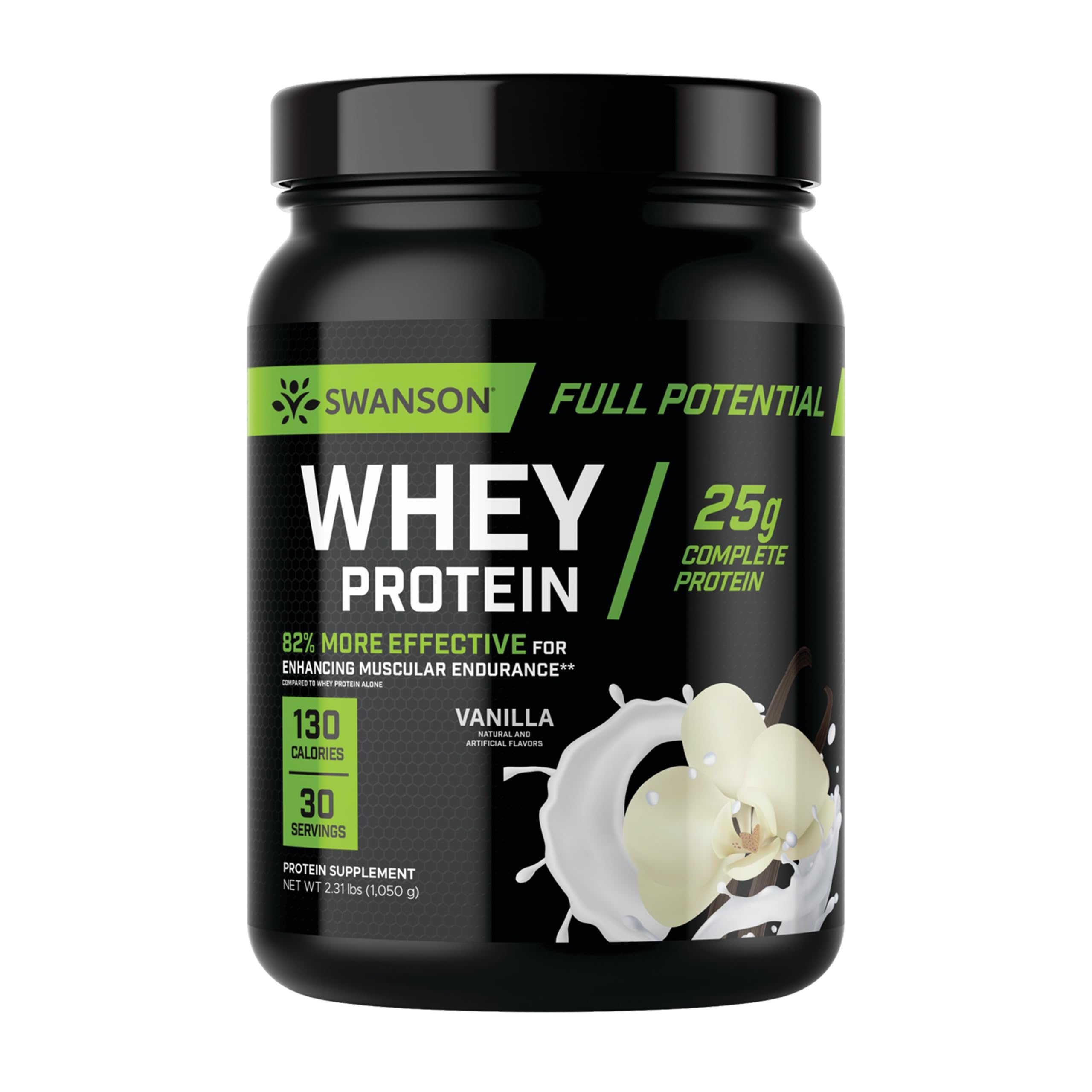 Swanson Full Potential Whey Protein Vanilla tub for post-workout recovery.