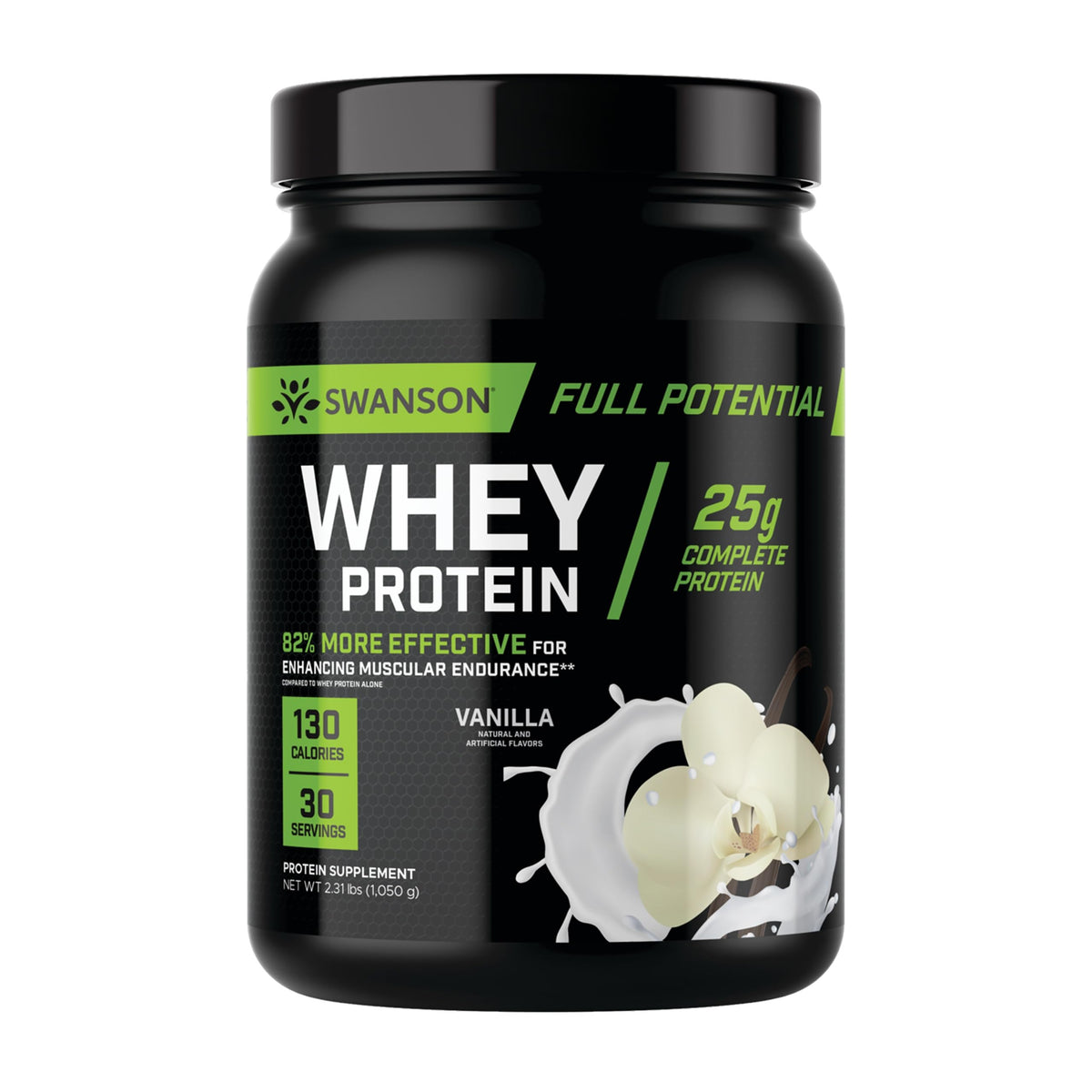 Swanson Full Potential Whey Protein Vanilla tub for post-workout recovery.