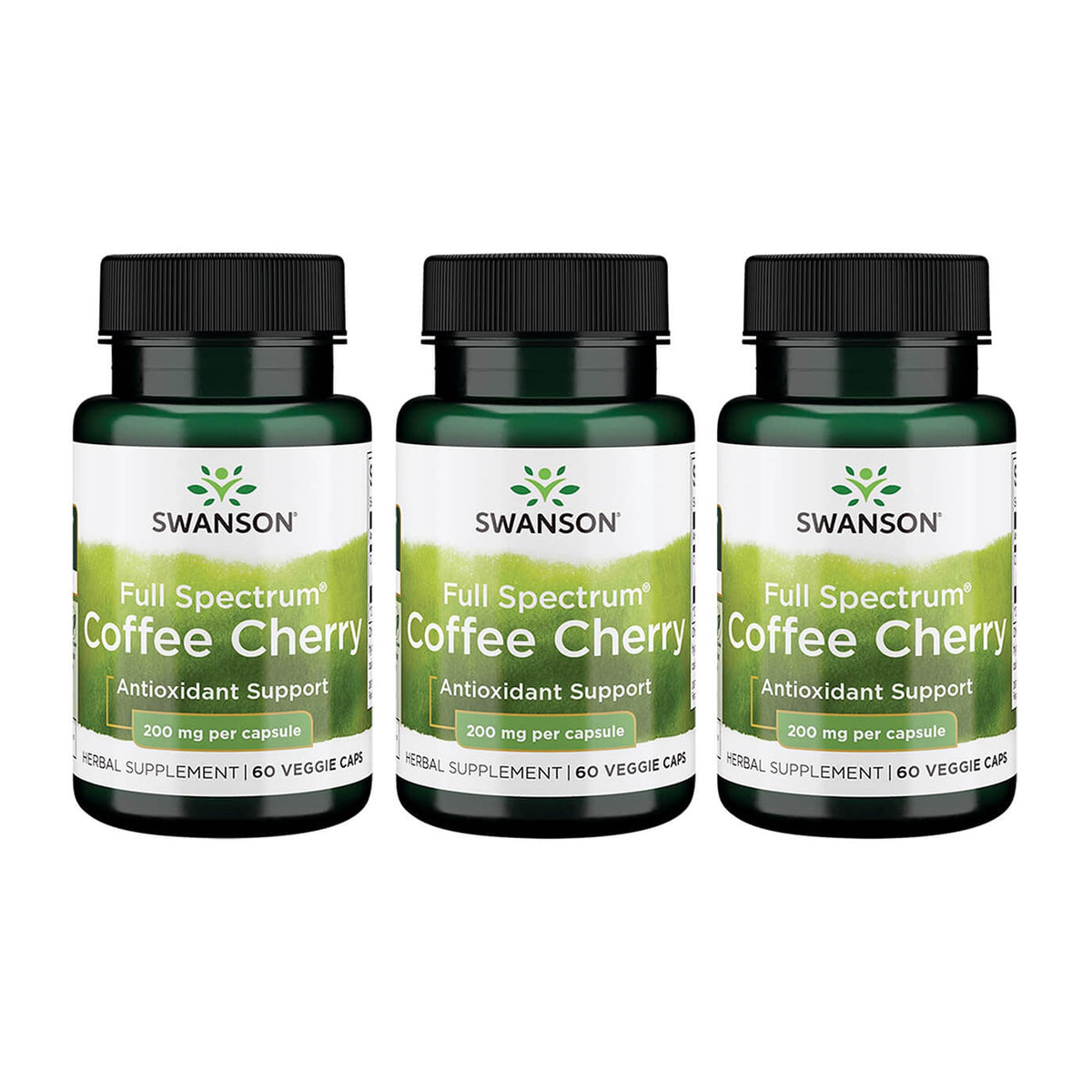 Swanson Full Spectrum Coffee Cherry bottle highlighting antioxidant support for daily use.